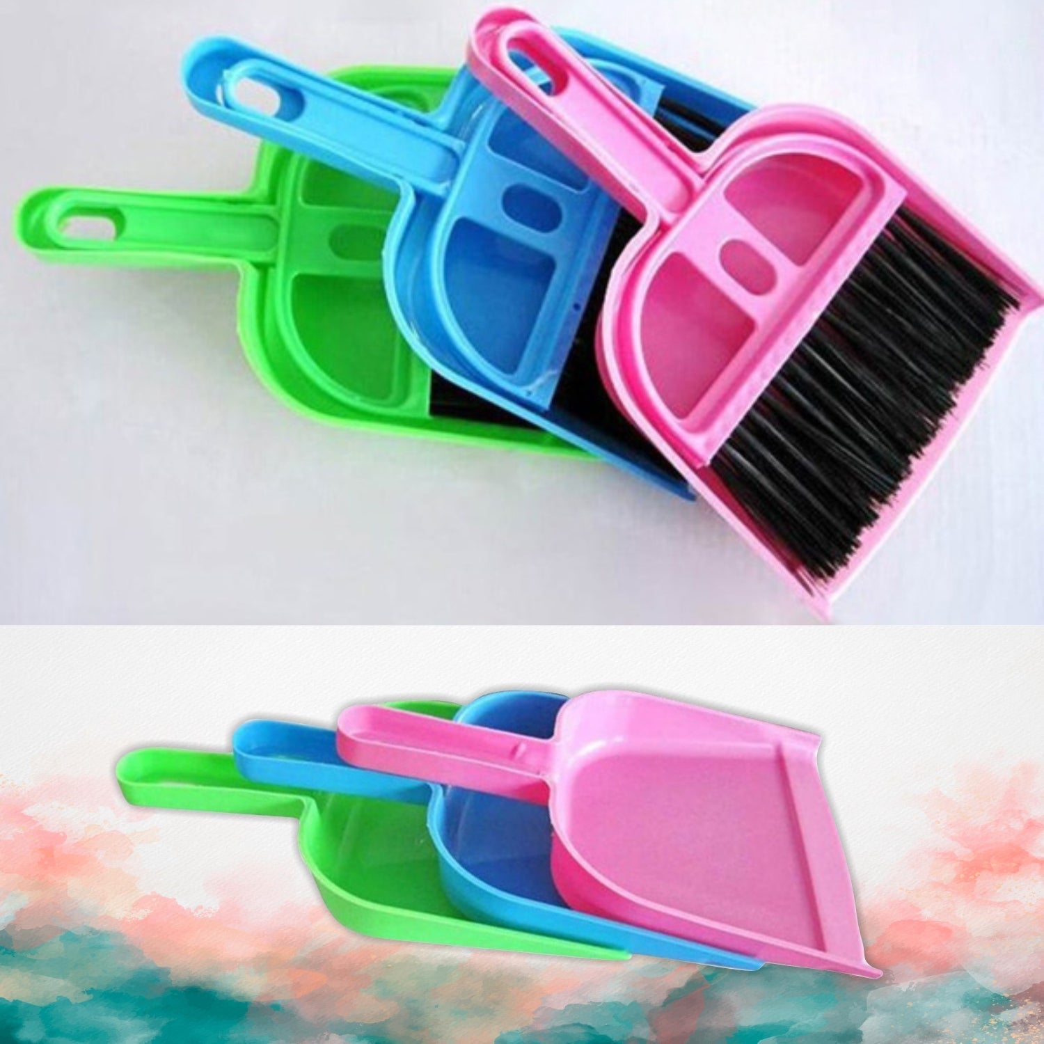 Lightweight dustpan with small broom for easy cleaning. Lightweight dustpan with small broom for easy cleaning.